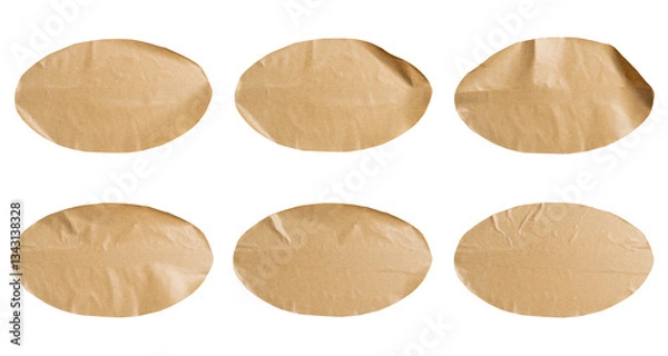 Obraz Set of brown paper stickers with oval edges, Copy space for text preview tags labels elements design, isolated on white background, png