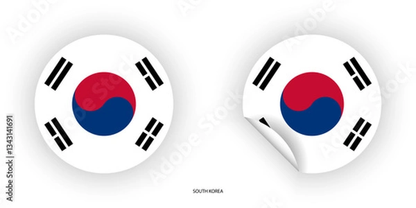 Fototapeta South Korea sticker flag in circle shape and circle peeled shape on white background. South Korea flag icon in circular form	
