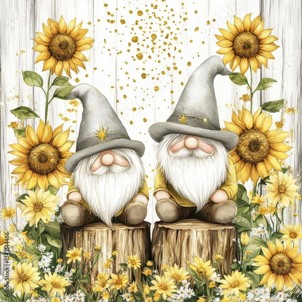 Fototapeta Three whimsical garden gnomes with long white beards and tall grey hats sit on wooden stumps, surrounded by vibrant sunflowers and green leaves. The background features a rustic white wood panel