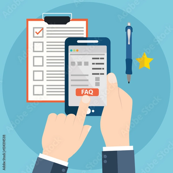 Fototapeta Illustration of a long shadow smart phone with the text FAQ