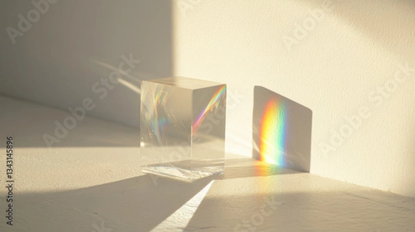 Fototapeta A close-up of a crystal prism casting a small rainbow on a white wall, with soft shadows and light play.