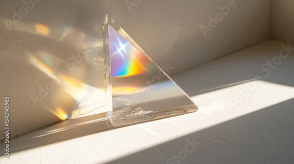 Fototapeta A close-up of a crystal prism casting a small rainbow on a white wall, with soft shadows and light play.