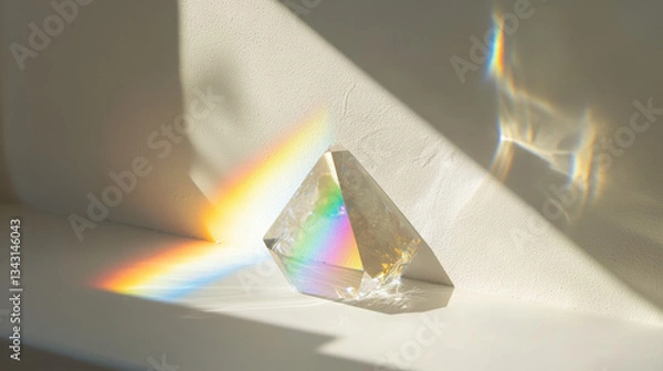 Fototapeta A close-up of a crystal prism casting a small rainbow on a white wall, with soft shadows and light play.