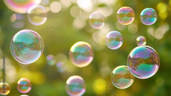 Fototapeta A close-up of soap bubbles floating in the air, each bubble reflecting a tiny, swirling rainbow of colors.