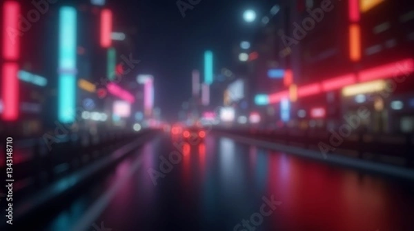 Fototapeta Blurred neon lights background. Neon city lights in bokeh style. Futuristic backdrop.