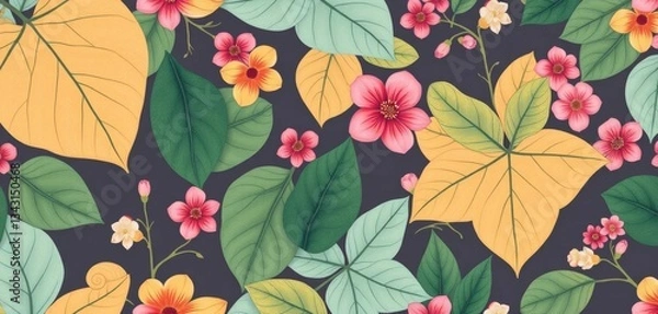 Fototapeta Delicate, minimalist summer leaf pattern; subtle floral accents Seamless vector design, botanical, minimalist design