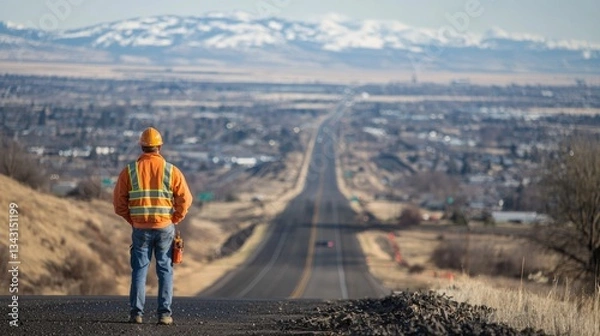 Fototapeta Worker observes long empty road with mountains in the distance on a clear day