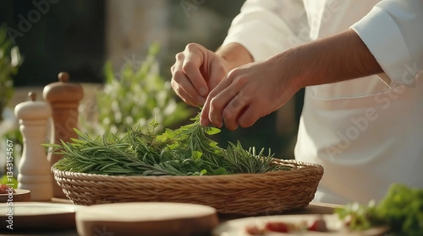 Fototapeta Chef carefully selecting fresh herbs in a sunny kitchen garden  