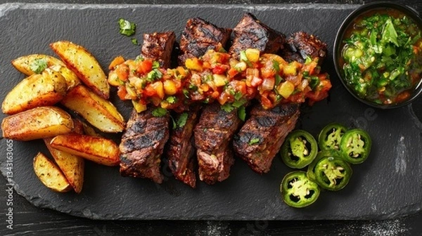Fototapeta Grilled steak bites with colorful relish paired with roasted potatoes and jalapeño slices on stone slab