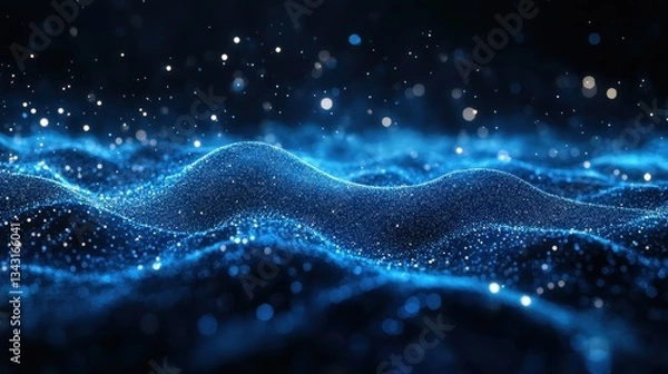 Fototapeta Glowing blue abstract wave patterns with sparkling particles in motion