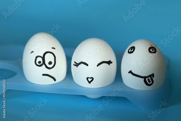 Obraz White eggs with painted smiley faces on a blue background.