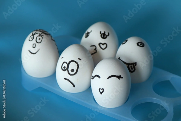 Obraz White eggs with funny smileys on a blue background. Space for an inscription.