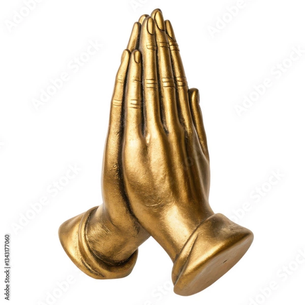 Fototapeta A pair of golden hands depicted in a praying position, symbolizing spirituality and devotion, isolated on white background.