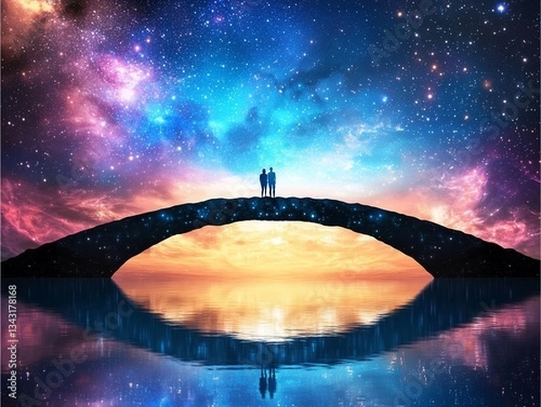 Fototapeta bridge made of stardust stretching between two parallel worlds, where the sky reflects the cosmos and gravity bends in mesmerizing patterns, double exposure fantasy,night sky,sci-fi 