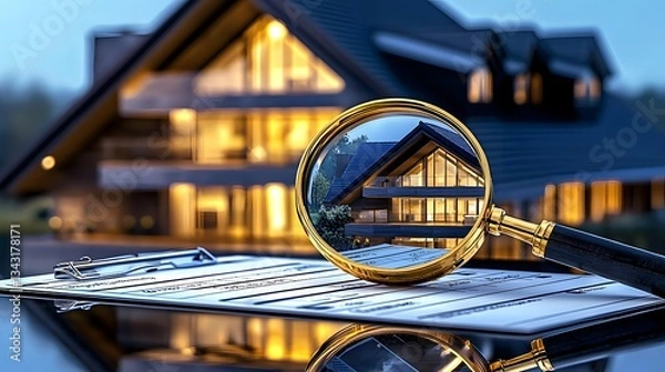 Fototapeta A magnifying glass focuses on a detailed home inspection checklist positioned over a document in front of a luxurious house at twilight showcasing meticulous home buying process.
