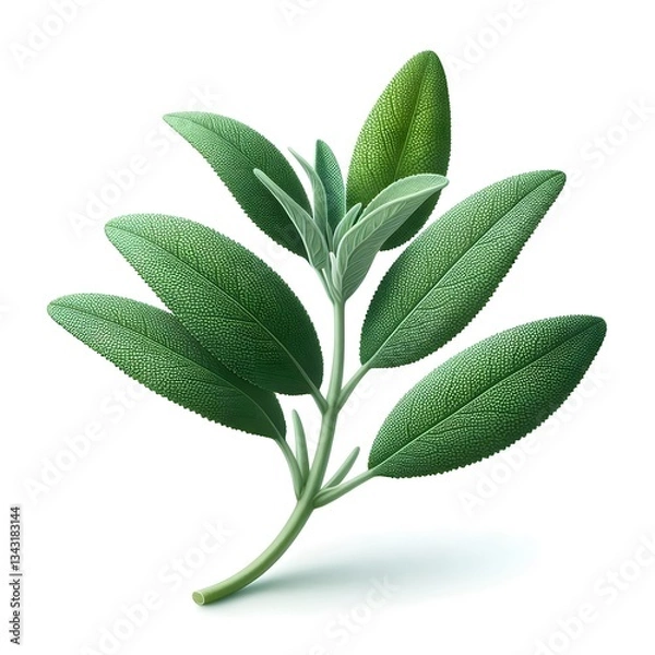 Fototapeta A green sage herb leaves twig isolated on white background