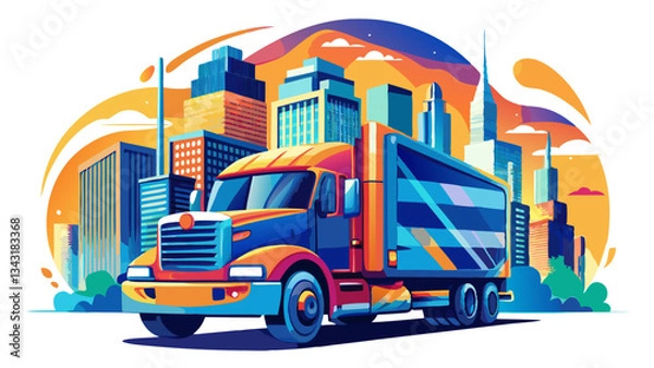 Fototapeta Vibrant double exposure of a freight truck overlaying a city skyline, symbolizing urban cargo transport White background