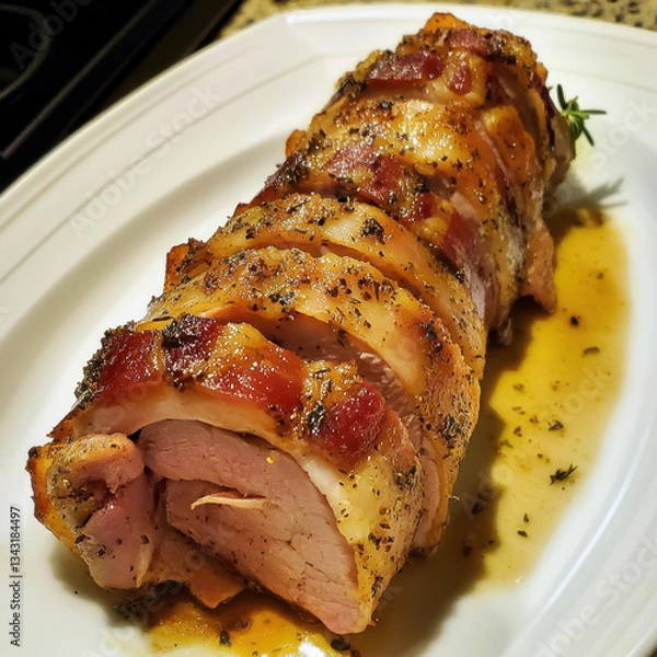 Fototapeta Succulent pork tenderloin wrapped in crispy, golden-brown bacon, seasoned with black pepper and herbs, served with a rich glaze and garnished with fresh rosemary sprigs