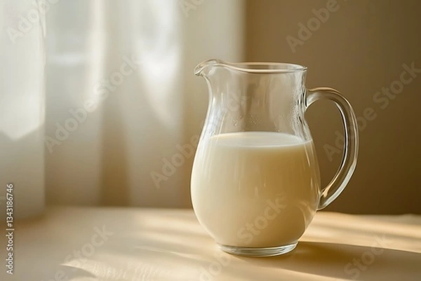Fototapeta A pitcher of fresh milk basking in morning sunlight, a simple yet elegant scene of creamy goodness on a light wooden table.