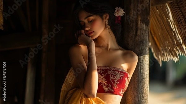 Fototapeta *Lighting Conditions:** The lighting is soft and natural, likely from sunlight filtering through an opening. It highlights the model's face and upper body, creating a warm and serene ambiance.Model's 