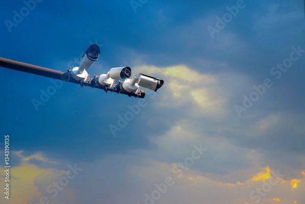 Obraz CCTV camera or surveillance operating on blue sky