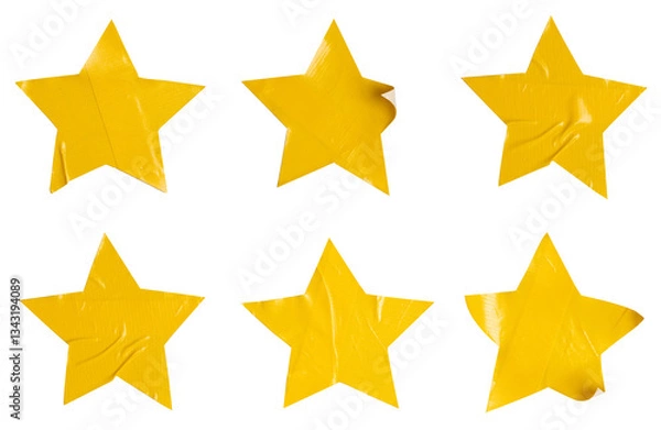 Obraz Set of yellow stars stickers, each sticker made from textured plastic film with a crumpled texture, Copy space for text preview sign tags labels elements design, isolated on white background, png