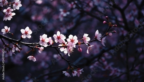 Fototapeta A branch of pink sakura flowers illuminated against a dark, blurred background. 
