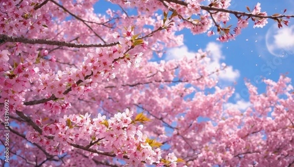 Fototapeta A vibrant scene of pink sakura blossoms in full bloom against a bright blue sky with fluffy white clouds. Petals gently drift through the air, creating a dreamy and tranquil atmosphere