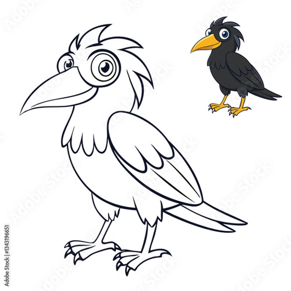 Fototapeta A detailed black raven perched gracefully on a branch, with sharp feathers and intense eyes. Ideal for coloring, capturing the elegance and mystery of this majestic bird.