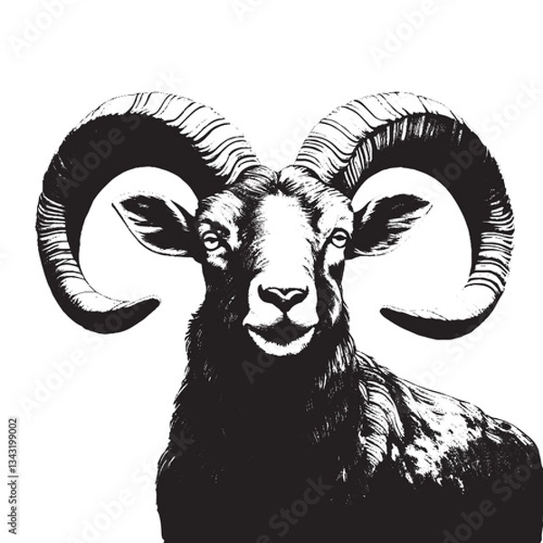 Obraz Black and white illustration of a ram with big horns. Vector drawing of a wild animal on a white background