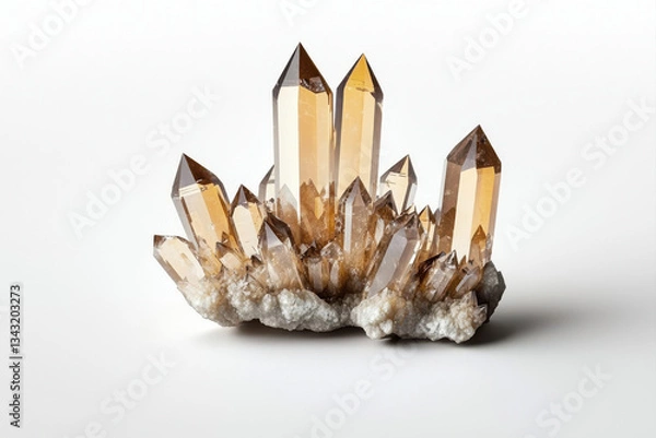 Obraz An elegant quartz cluster showcasing stunning golden hues and sharp, pointed crystals. isolated on white background.