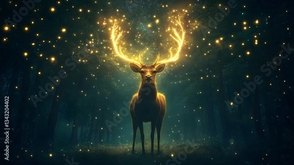 Obraz A mystical deer with glowing antlers standing in the middle of an enchanted glade.