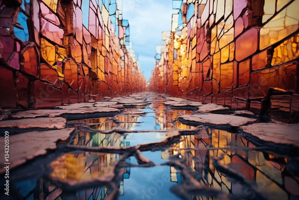 Obraz Puddles transform into enchanting gateways to a mirrored realm, where ordinary scenes are turned into captivating and abstract compositions
