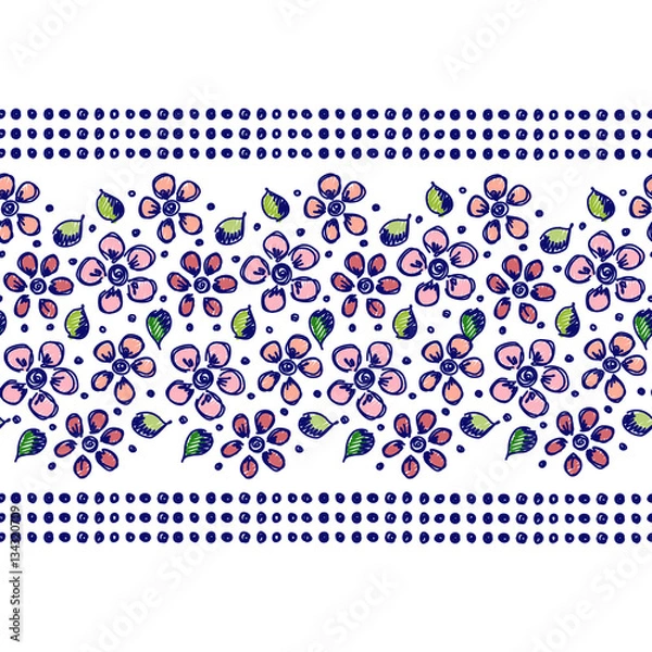 Fototapeta Seamless vector hand drawn floral pattern, endless border Colorful frame with flowers, leaves. Decorative cute graphic line drawing illustration. Print for wrapping, background, fabric, decor, textile