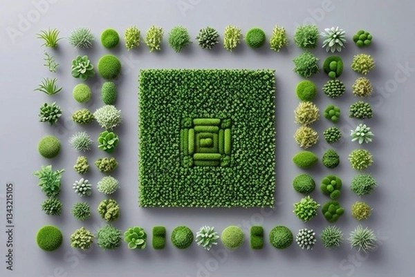 Fototapeta A highly detailed QR code made entirely of small, intricate green plants and moss, forming a perfectly symmetrical square grid. 