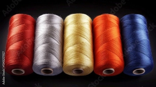 Fototapeta Colorful Thread Spools  Red  Silver  Gold  Orange  Blue Textile Yarns