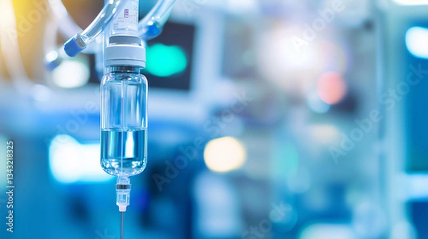 Obraz An IV infusion system in focus, with a steady drip of liquid medication flowing through the chamber. The out-of-focus hospital equipment in the background reinforces the imageâs co