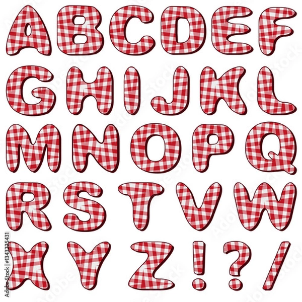 Fototapeta Vector images of English alphabet letters with a checkered pattern of red and white cells isolated on a transparent background