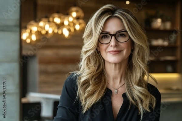 Fototapeta Confident woman with glasses smiles warmly in a modern cafe during the early evening hours