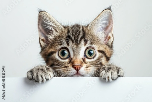Obraz Curious kitten peeking over a white surface with big expressive eyes in a bright setting