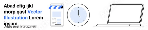 Fototapeta Browser window with a storefront banner, clock, and a laptop outline. Ideal for time management, e-commerce, productivity, remote work, technology, business strategy simple landing page