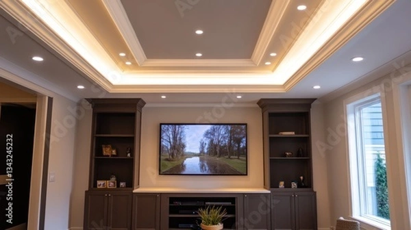 Fototapeta Modern home entertainment area with recessed lighting