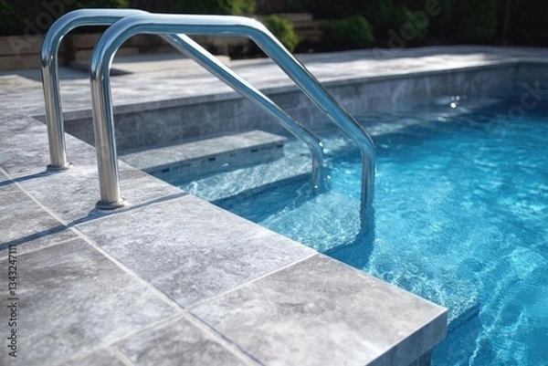 Fototapeta Modern pool steps with light gray stone and stainless steel handrails