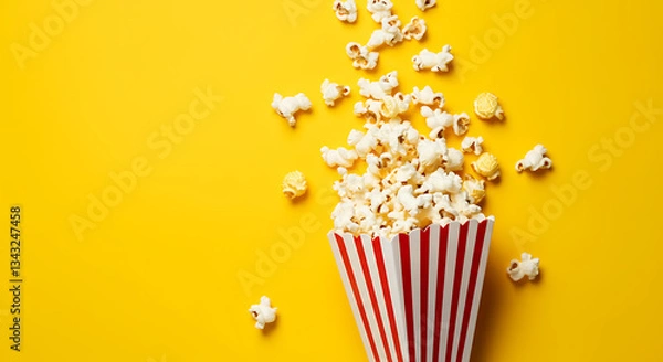 Fototapeta Popcorn in a red and white bag on a yellow background