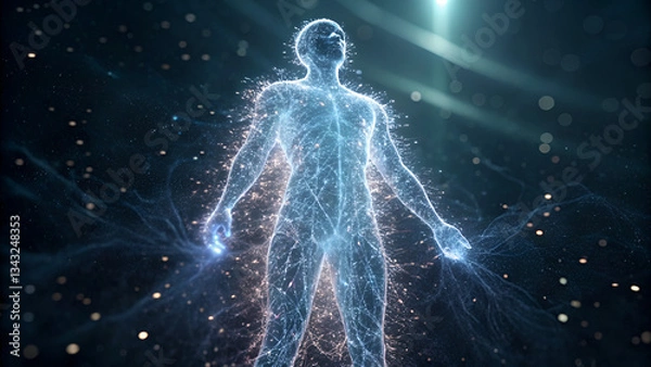 Fototapeta law of attraction visualization vibration manifestation A glowing human figure surrounded by energetic light connections in a dark environment.