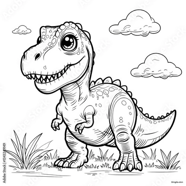 Obraz Discover the fun and adorable world of dinosaurs with this Kawaii T. Rex Coloring Page! This cute baby Tyrannosaurus Rex is designed in a simple, bold-outlined style, making it perfect for kids, toddl