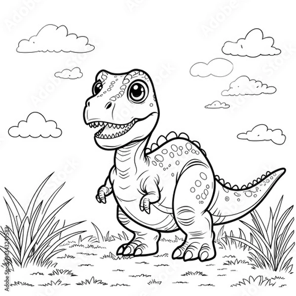 Obraz Discover the fun and adorable world of dinosaurs with this Kawaii T. Rex Coloring Page! This cute baby Tyrannosaurus Rex is designed in a simple, bold-outlined style, making it perfect for kids, toddl