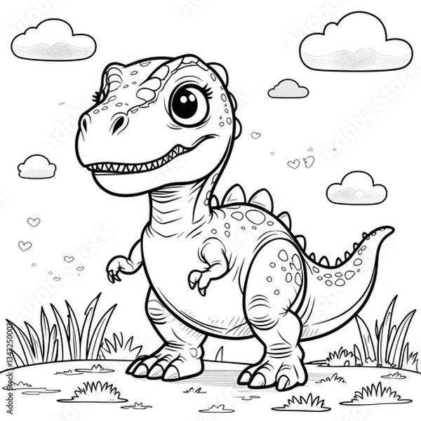 Obraz Discover the fun and adorable world of dinosaurs with this Kawaii T. Rex Coloring Page! This cute baby Tyrannosaurus Rex is designed in a simple, bold-outlined style, making it perfect for kids, toddl