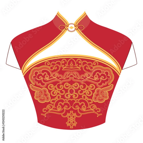 Fototapeta Gold and red traditional chinese dress women's - qipao. The neckline with clouds and and symbols of happiness- asian design. Vector clipart