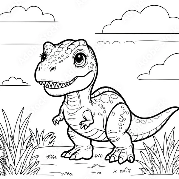 Obraz Discover the fun and adorable world of dinosaurs with this Kawaii T. Rex Coloring Page! This cute baby Tyrannosaurus Rex is designed in a simple, bold-outlined style, making it perfect for kids, toddl